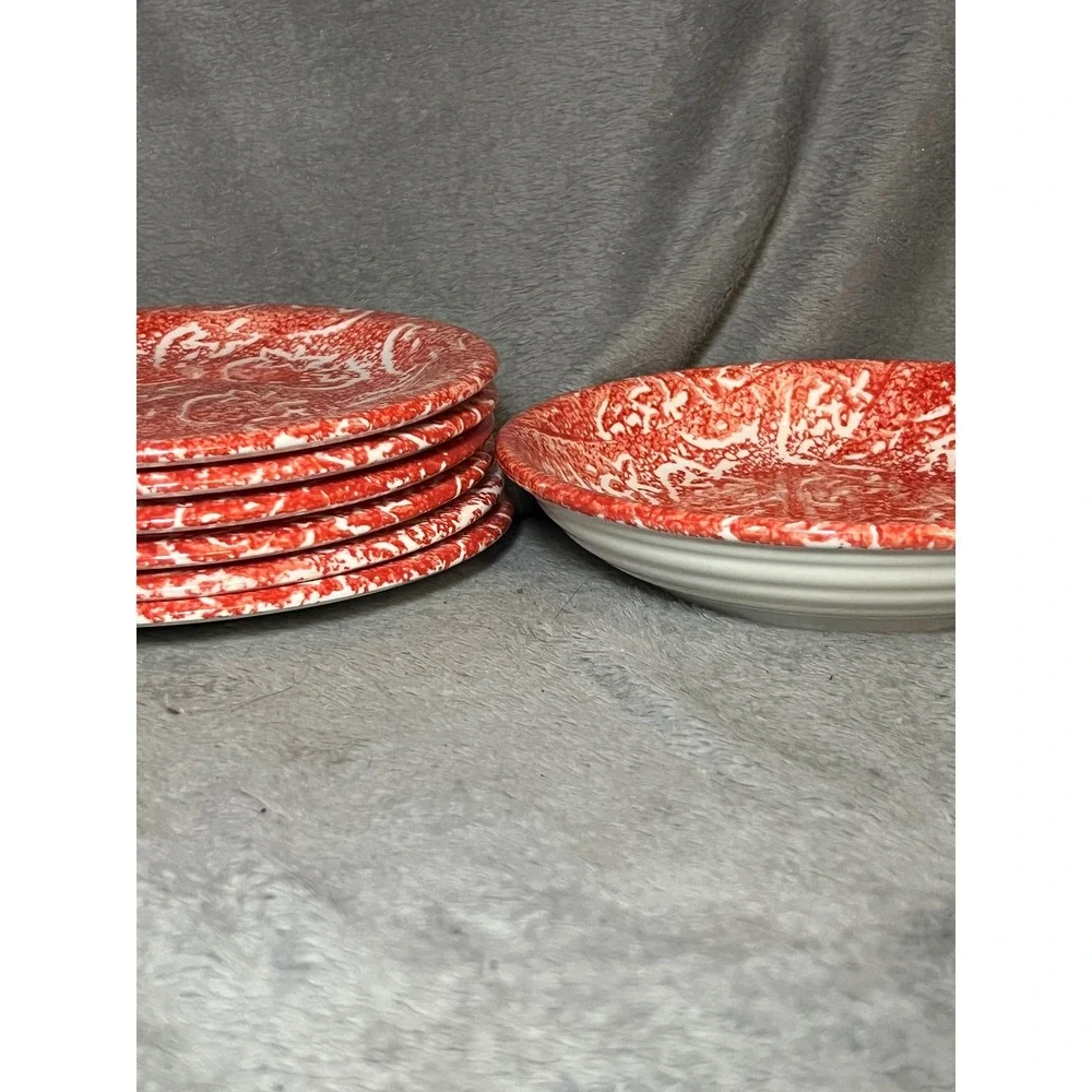 Batik Red Spongeware Salad Plates Set of 6 w/ Serving Bowl Italian Pottery 1992